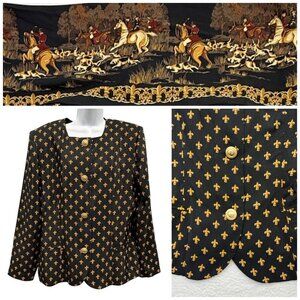 VTG Leslie Fay Blazer Scarf Set Fleur-Di-Lis Equestrian Hunting Horse Size 14